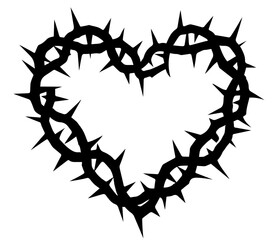 Heart shape made of thorny crown, symbolizing pain in love, heartbreak, emotional suffering, sacrifice, martyrdom, or religious symbolism