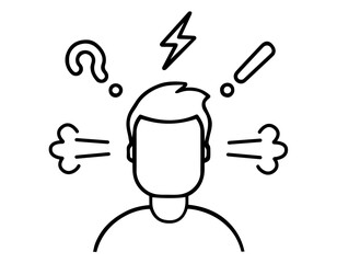 Frustrated person with steam, question mark, exclamation mark above head, emotional stress, confusion, anger, mental pressure. communication problems, workplace tension, burnout, psychological overloa