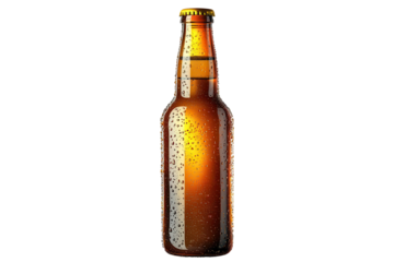 Refreshing bottle of beer with condensation, perfect for a warm summer day at a backyard gathering
