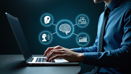 Businessman working on laptop with digital brain and icons