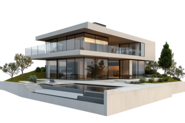 Modern technological house with sleek design, glass walls and a pool surrounded by greenery in a serene environment