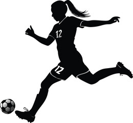Dynamic Silhouette of Female Soccer Player Kicking Ball with Power and Precision in a Fast Action Movement on a White Background for Sport and Fitness