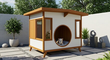 Designer Dog House: Teak and White Modernist Style