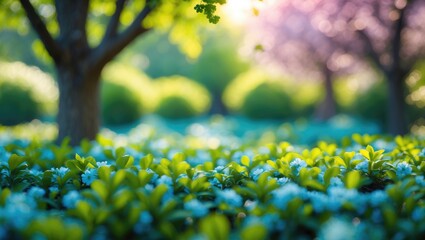 Obraz premium A vibrant garden scene with lush green plants, trees, and blooming pink flowers. Nature, garden, and springtime. The fresh and colorful scenery of a peaceful outdoor space.