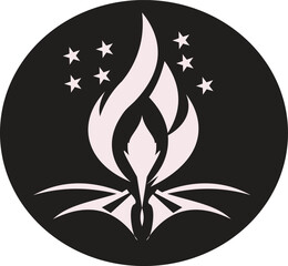 Stylized bonfire with stars in a black circle t-shirt design illustration