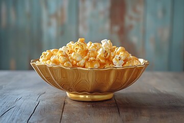 A bowl of caramel popcorn with a glossy, golden finish, placed on a rustic wooden table 