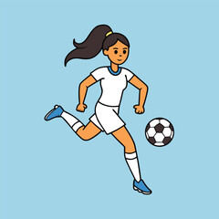 Cartoon Woman Soccer Player Kicking Ball on Light Blue Background Representing Sports Fitness and Healthy Lifestyle with a Simple and Playful Design Style