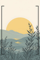 A serene, stylized landscape illustration depicts a large golden sun setting over rolling hills with a winding river, framed by dark foliage, evoking peace and new beginnings