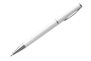 Isolated white ball point pen positioned on a smooth, textured surface with a clean aesthetic, suitable for writing or drawing undertakings in minimalistic environments