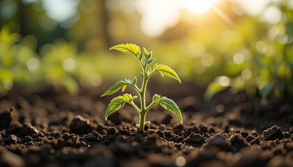 Young green seedling emerges from rich soil bathed in warm sunlight