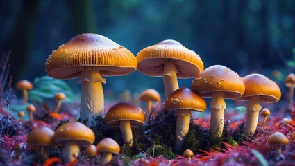 Fototapeta premium Cluster of orange mushrooms growing on forest floor with vibrant red moss and green foliage in the background.
