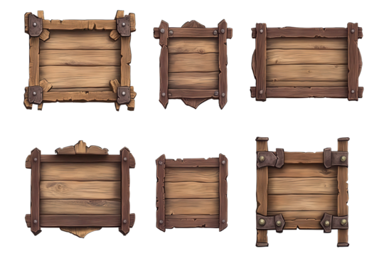 Medieval wooden frames in various shapes arranged on a light background showcasing empty rectangles for artwork or signage