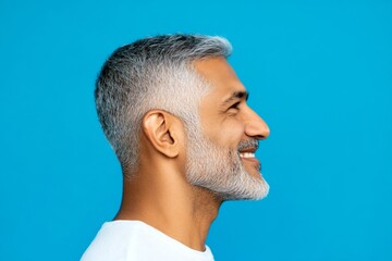 Obraz premium Blue solid background. A sophisticated gentleman in a well-lit studio. Visual idea of style for aging men. Modish men's buzz cut haircut - midlife indian man with middle hair.