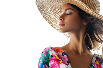 Woman wearing a floral print romper and large straw hat enjoying a sunny day outdoors while exuding an air of confidence and tranquility