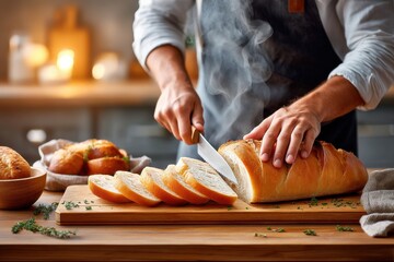 Man slicing freshly baked bread on a wooden board in a rustic kitchen
