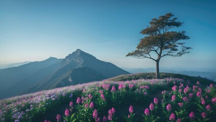 A solitary tree on a pink-flowered hillside with mountain peaks in the background.