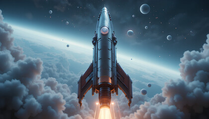 Futuristic Retro 3D Render of Rocket Spacecraft – High-Tech Sci-Fi Design