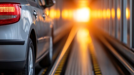 Fototapeta premium Car driving through illuminated tunnel at sunset urban environment automotive photography dynamic perspective
