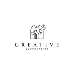 house logo with tree in line art design style