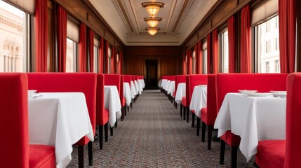 Fototapeta premium Elegant dining experience in a vintage train car restaurant interior luxurious ambiance perspective view