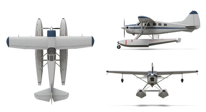 Seaplane 3D Model: Top, Side, and Front Views, Detailed Render