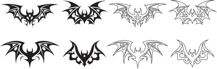 Flying Bat Silhouette and Outline Set for Halloween Designs