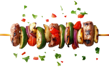 Delicious kebab skewer featuring grilled vegetables and savory meat presented on a clean background