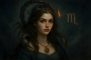 Mystical woman with scorpion symbol Zodiac Sign, showcasing astrology and femininity in a dreamy atmosphere