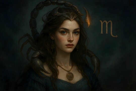 Mystical woman with scorpion symbol Zodiac Sign, showcasing astrology and femininity in a dreamy atmosphere