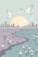 A peaceful illustration of two doves flying over a vibrant field with a winding path and delicate flowers, leading towards a city skyline under a soft sunset, symbolizing hope and rebirth