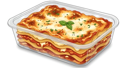 Cartoon sealed plastic tray with cooked lasagna, visible layers of pasta, sauce, cheese, and herbs, glossy and highly detailed, vibrant colors, white background.

