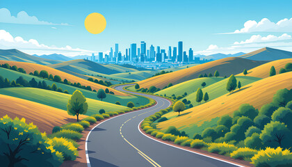 Digital Illustration of Curvy Winding Road Through Rolling Hills with Urban Skyline, Trees, and Sunlit Sky