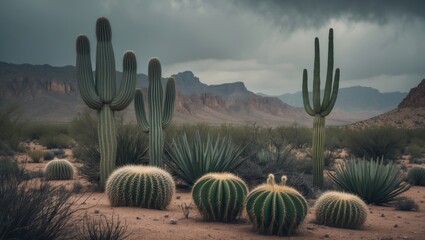 Desert landscape with large cacti and mountains under stormy sky. Arid environment, desert plants, and rugged terrain. The scene highlights desert flora and mountainous backdrop.