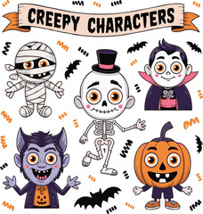Obraz premium Adorable cartoon characters featuring mummy vampire skeleton pumpkin and bats for halloween design