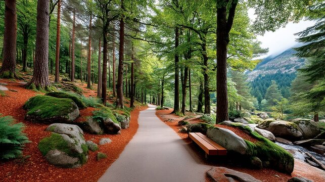 Scenic woodland path surrounded by mossy rocks and vibrant green trees - Powered by Adobe