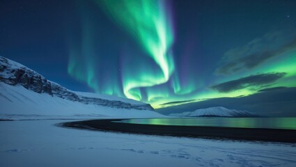 Naklejka premium Aurora Borealis over snow-covered landscape with mountains, night sky, and reflections in water. Natural phenomenon, Arctic, and winter scenery.