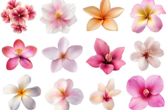 Variety of cherry blossom flowers displayed in an artistic arrangement highlighting their delicate colors and shapes during springtime in bloom