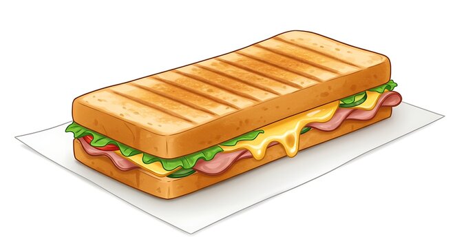 Cartoon paper wrap holding a grilled panini sandwich, toasted bread with melted cheese and visible fillings, highly detailed, vibrant, clean white background.

