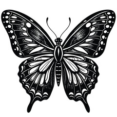 This black and white butterfly vector illustration features an elegant insect silhouette, perfect for nature-inspired design and decorative tattoo art