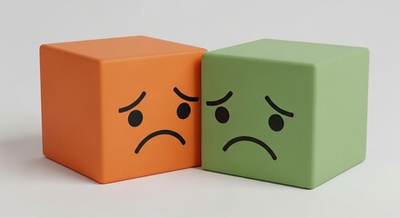 Obraz premium Two colorful cubes with sad faces, one orange and one green, on a plain background