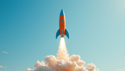 Toy Rocket with Bright Orange Body and Blue Nose Cone Launching with White Smoke Clouds Dynamic Action Pose