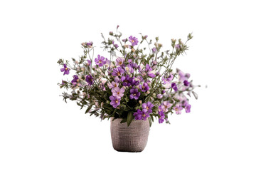 Naklejka premium Charming miniature flower arrangement showcasing delicate purple blossoms in a rustic woven vase for a serene indoor atmosphere