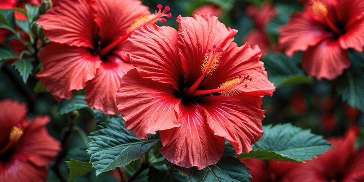 Vibrant hibiscus flowers with lush green leaves showcasing bright red petals and intricate stamen details.