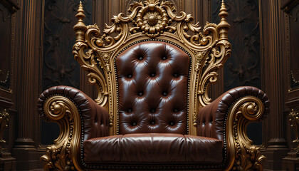 Highly Detailed Ornate Gilded Throne Chair with Intricate Carvings and Tufted Leather Upholstery