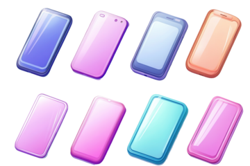 Cartoon-style smartphone icons in various colors showcasing modern design elements and digital aesthetics for playful applications or interfaces
