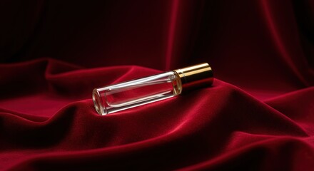 Naklejka premium small glass perfume bottle with golden cap on red velvet fabric