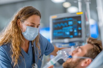 A healthcare professional in scrubs assists a patient with oxygen in a hospital setting while monitoring vital signs on equipment