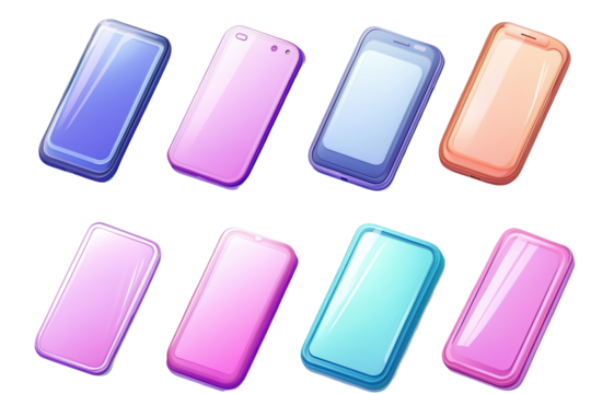 Cartoon-style smartphone icons in various colors showcasing modern design elements and digital aesthetics for playful applications or interfaces