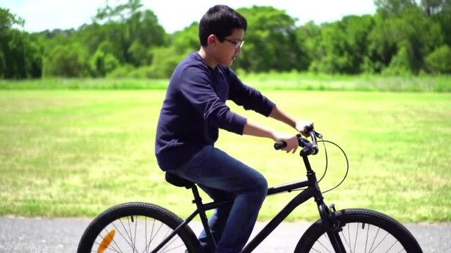 Young Boy Learning to Ride a Bicycle for the First Time