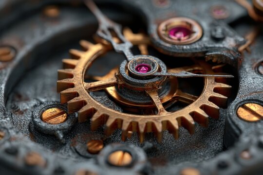 Close-up view of detailed mechanical gears in a vintage watch, showcasing craftsmanship and intricate design from an earlier era